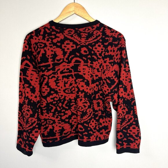 Vintage Jaeger Wool Cardigan sz M Black Red Festive 3/4 Sleeve Boxy Preppy 90s - Picture 4 of 7